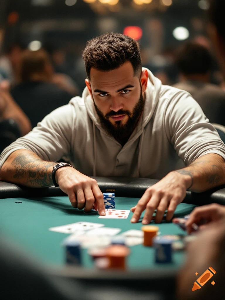 A man with a beard and tattoos sits at a poker table with cards and chips, looking intently forward.