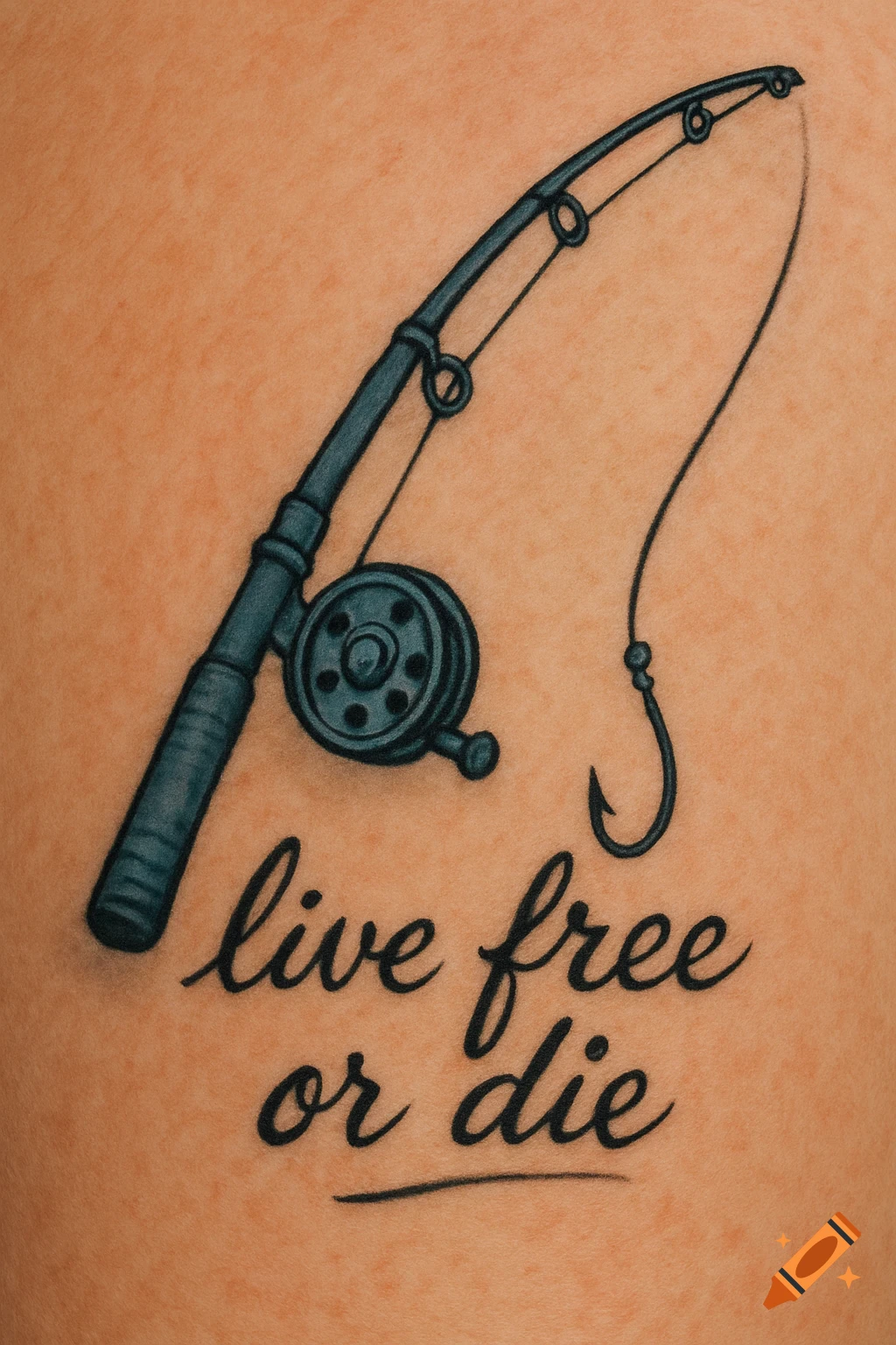 A tattoo of a blue fishing pole with a reel and hook, with the cursive text "live free or die" underneath, on light skin.