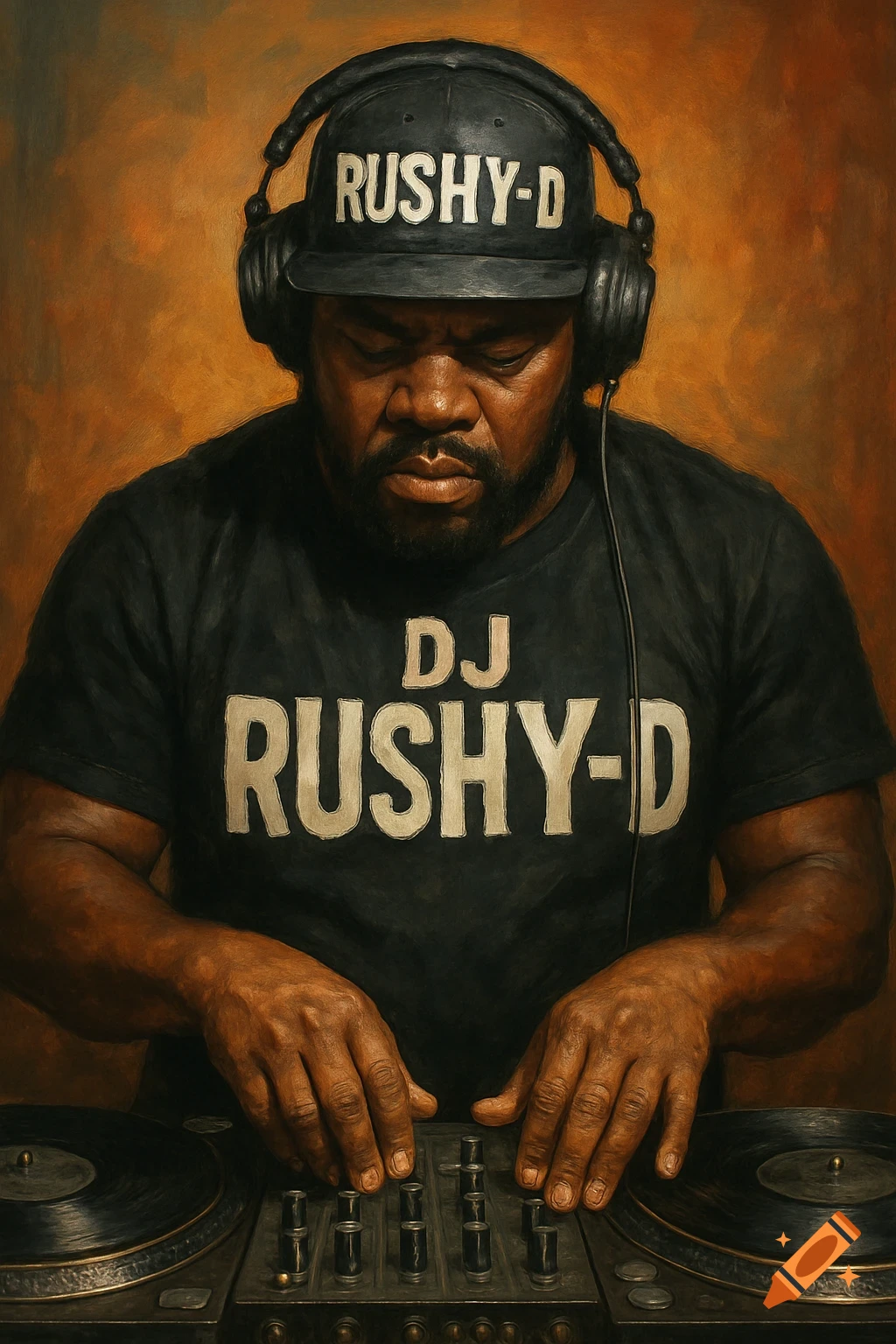 A close-up oil painting of a male DJ with headphones and a 'RUSHY-D' shirt, operating turntables and a mixer.