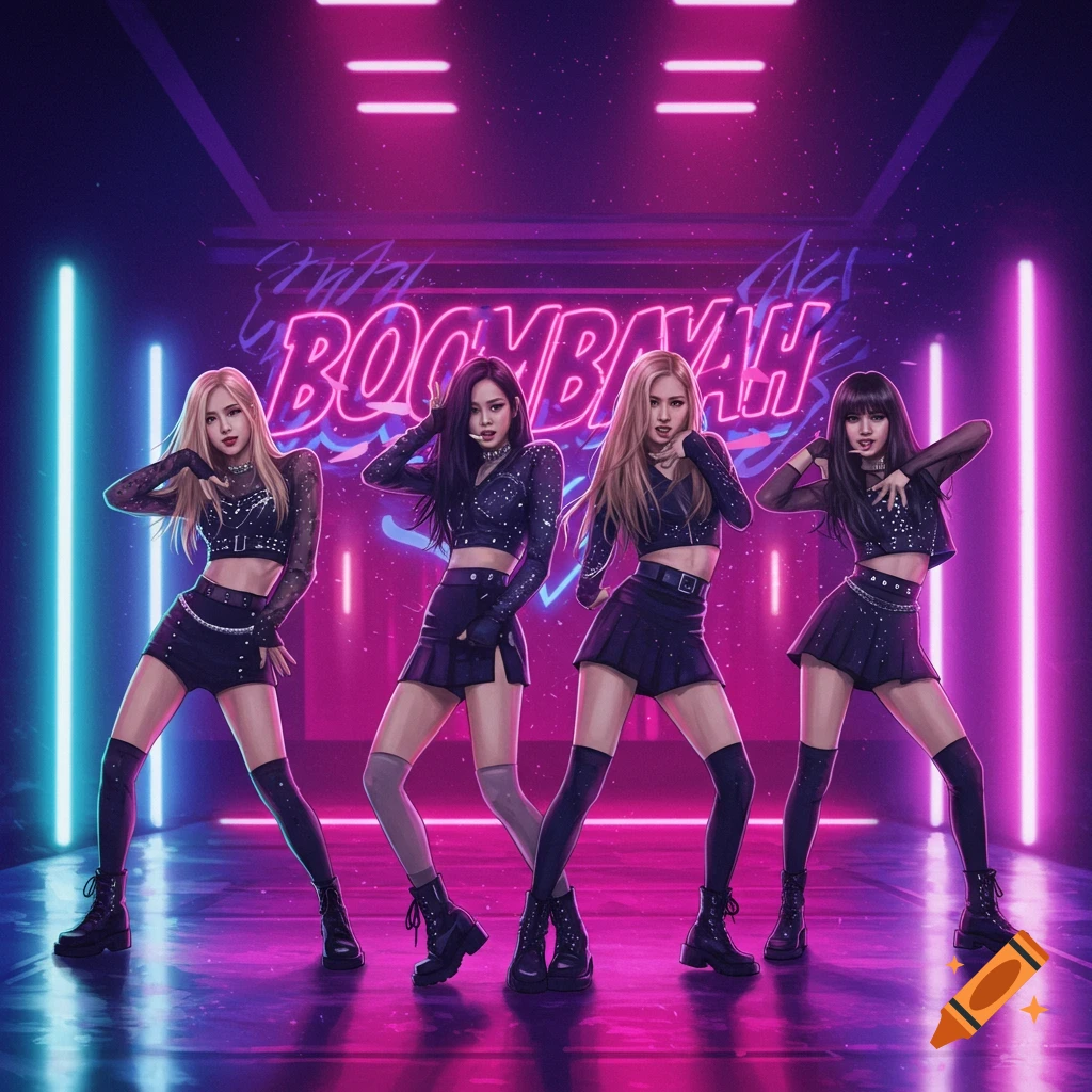 Four women in black outfits pose on a neon-lit stage with "BOOMBAYAH" in the background, digital art style.