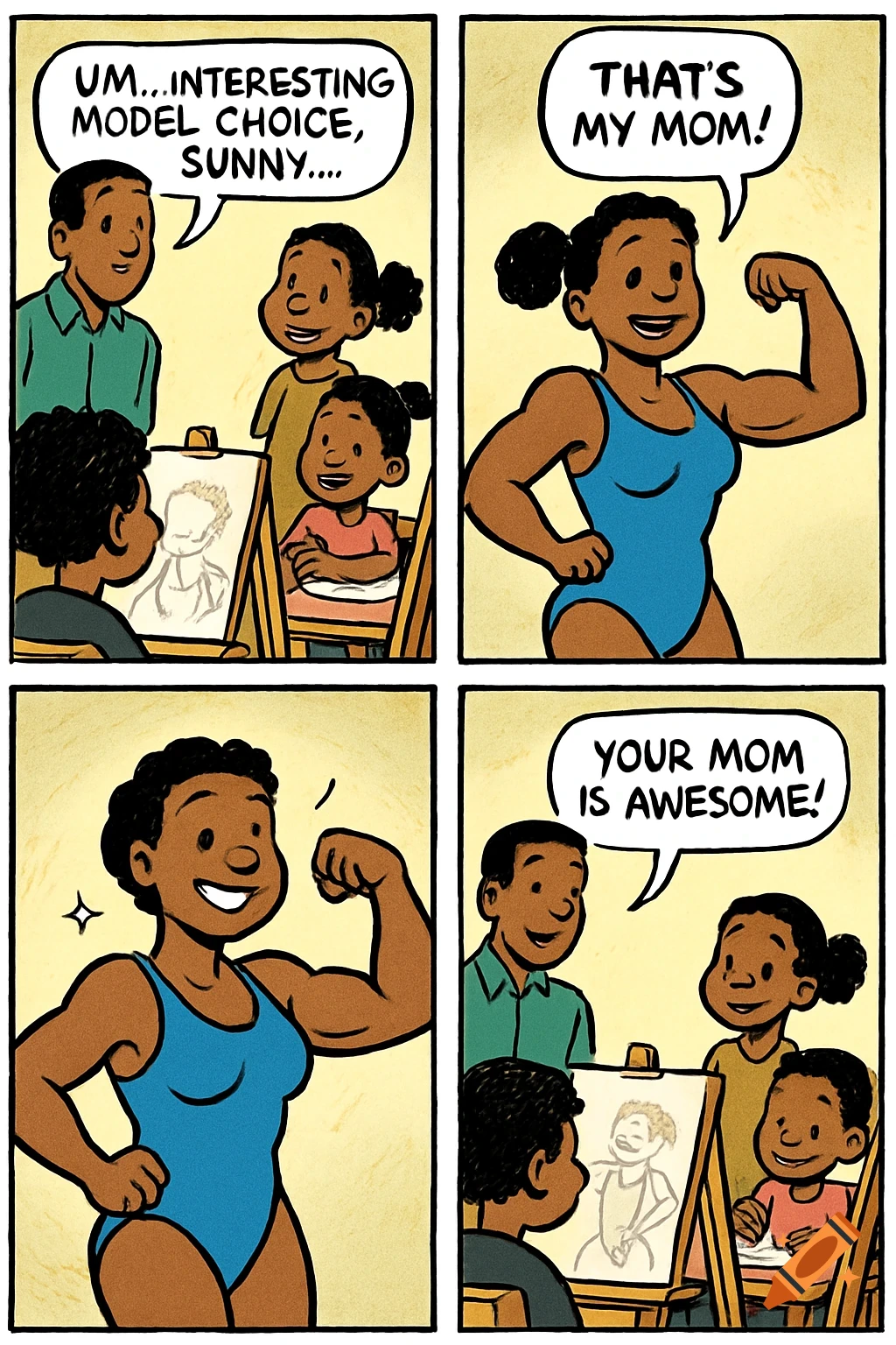 A four-panel comic strip of two kids drawing their muscular mom in a swimsuit during art class.