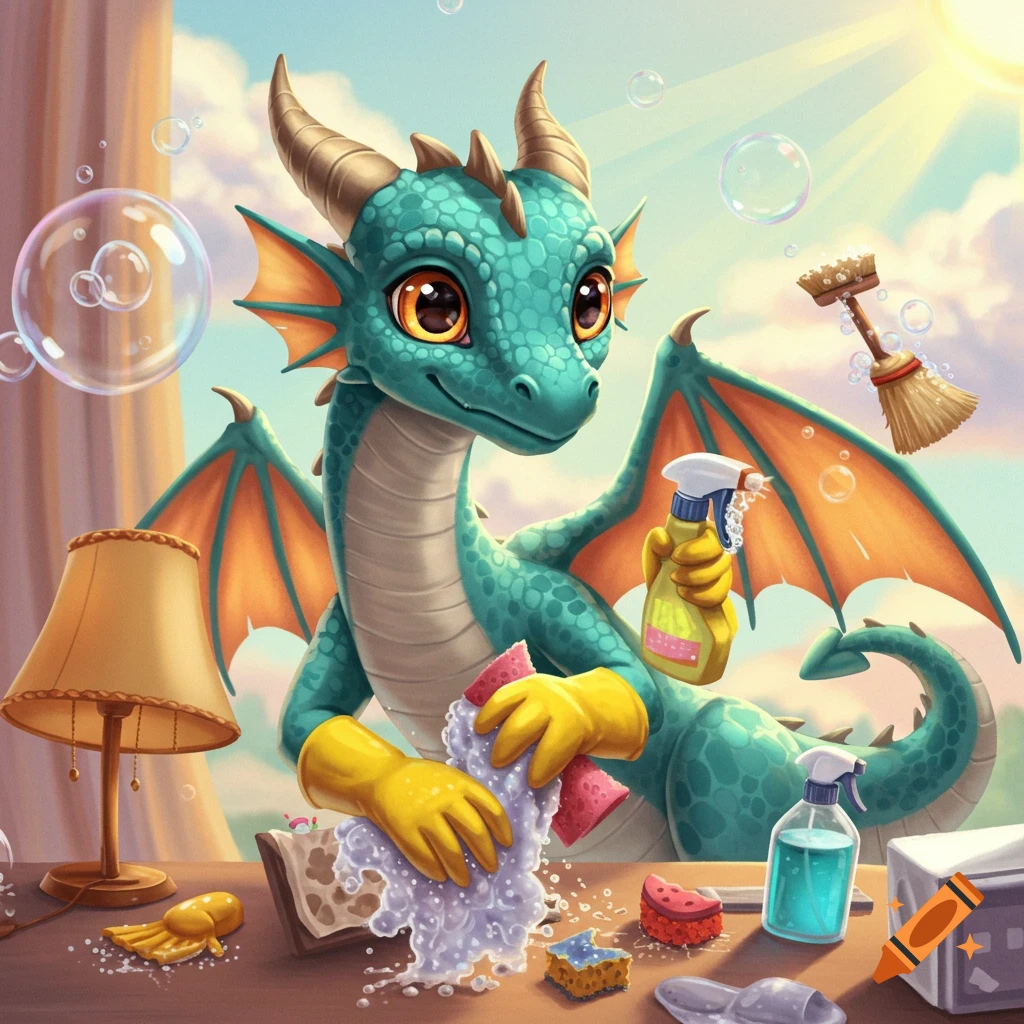 A cute teal dragon with yellow wings and horns, wearing yellow gloves, cleaning a surface with soap suds and a sponge, holding a spray bottle. Bubbles float around.