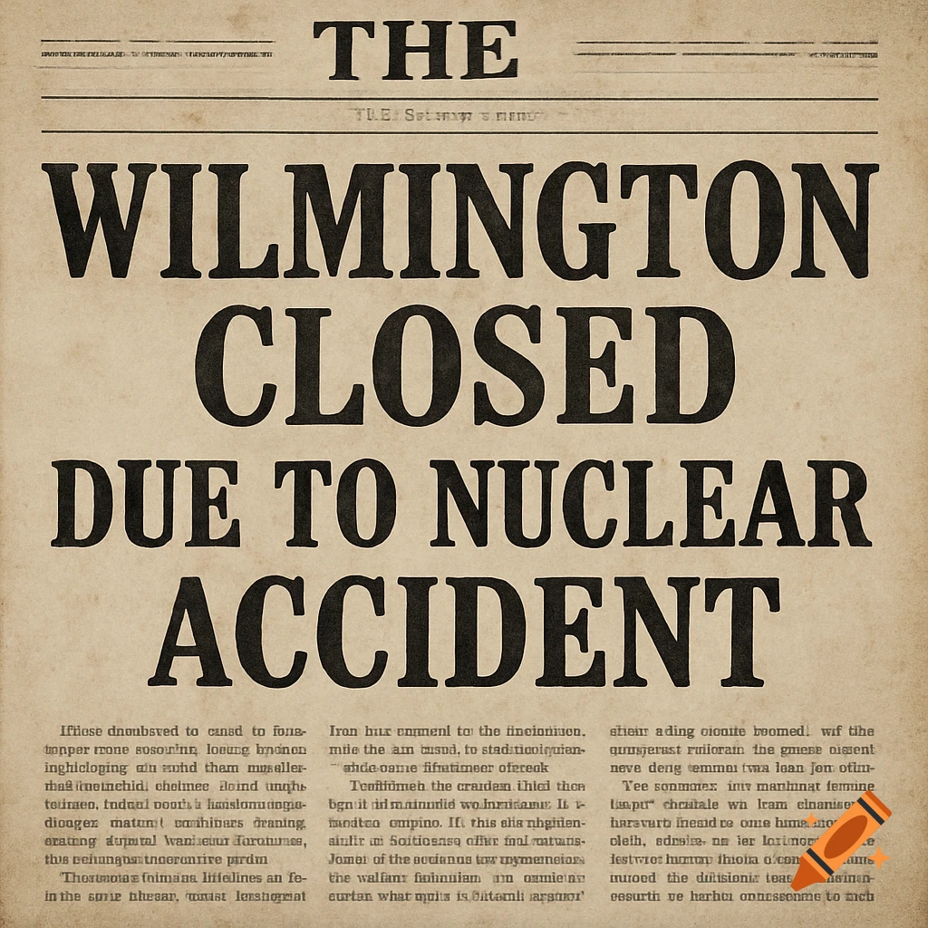 A close-up of a vintage newspaper with a large headline reading 'WILMINGTON CLOSED DUE TO NUCLEAR ACCIDENT'.