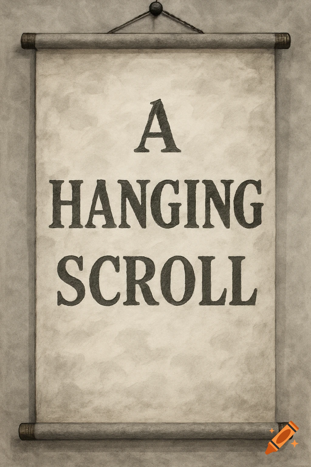 An old, textured scroll hanging, displaying the words 'A HANGING SCROLL' in a dark, bold font.