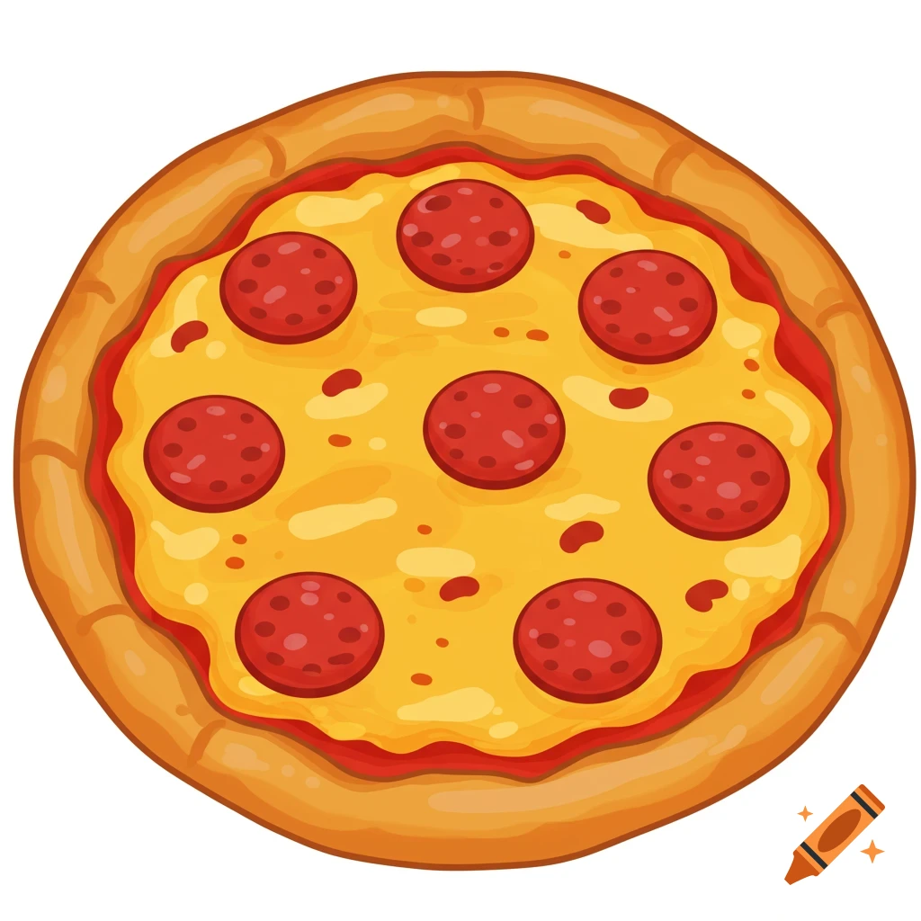 A top-down cartoon illustration of a pepperoni pizza on a white background.