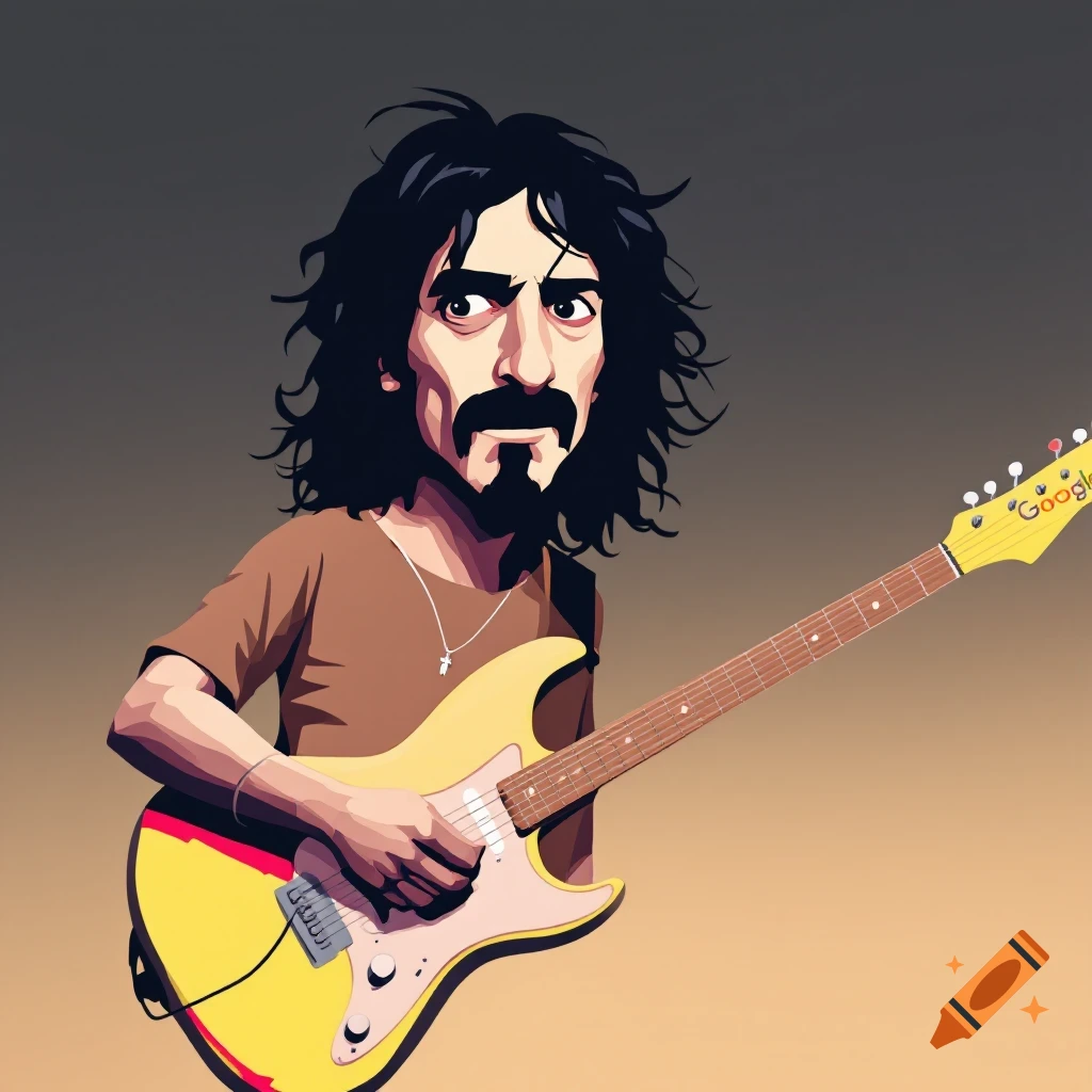 A cartoon caricature of Frank Zappa with long dark hair and a beard, playing a yellow electric guitar with 'Google' on the headstock.