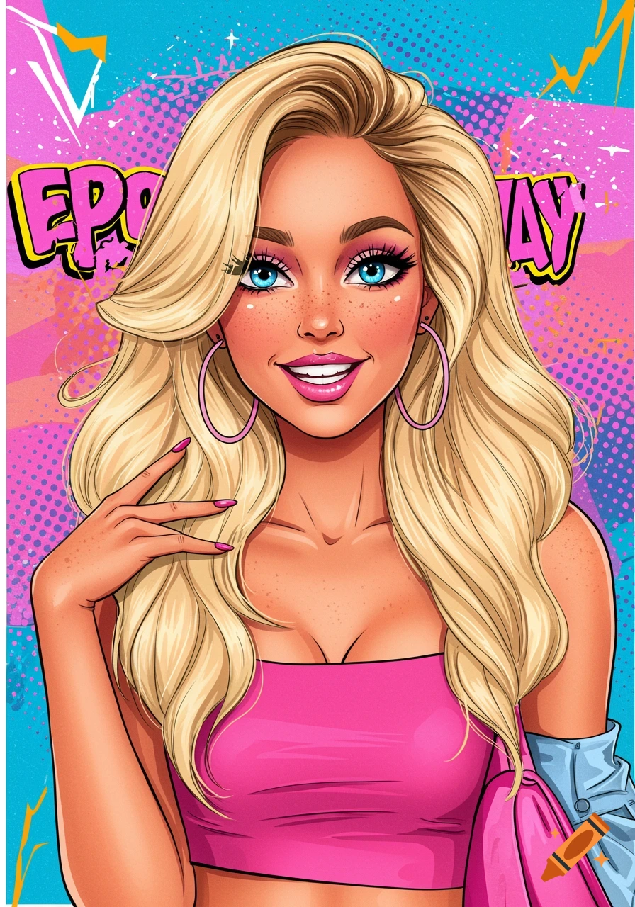 Cartoon illustration of a blonde woman with blue eyes smiling, wearing a pink top, against a vibrant pop art background.