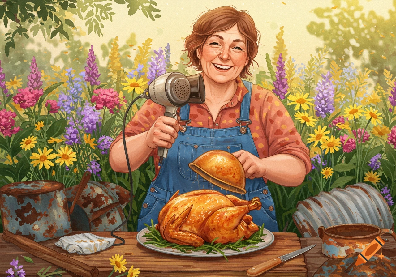 A smiling woman in overalls blow-dries a cooked chicken outdoors, surrounded by colorful wildflowers and rustic items.
