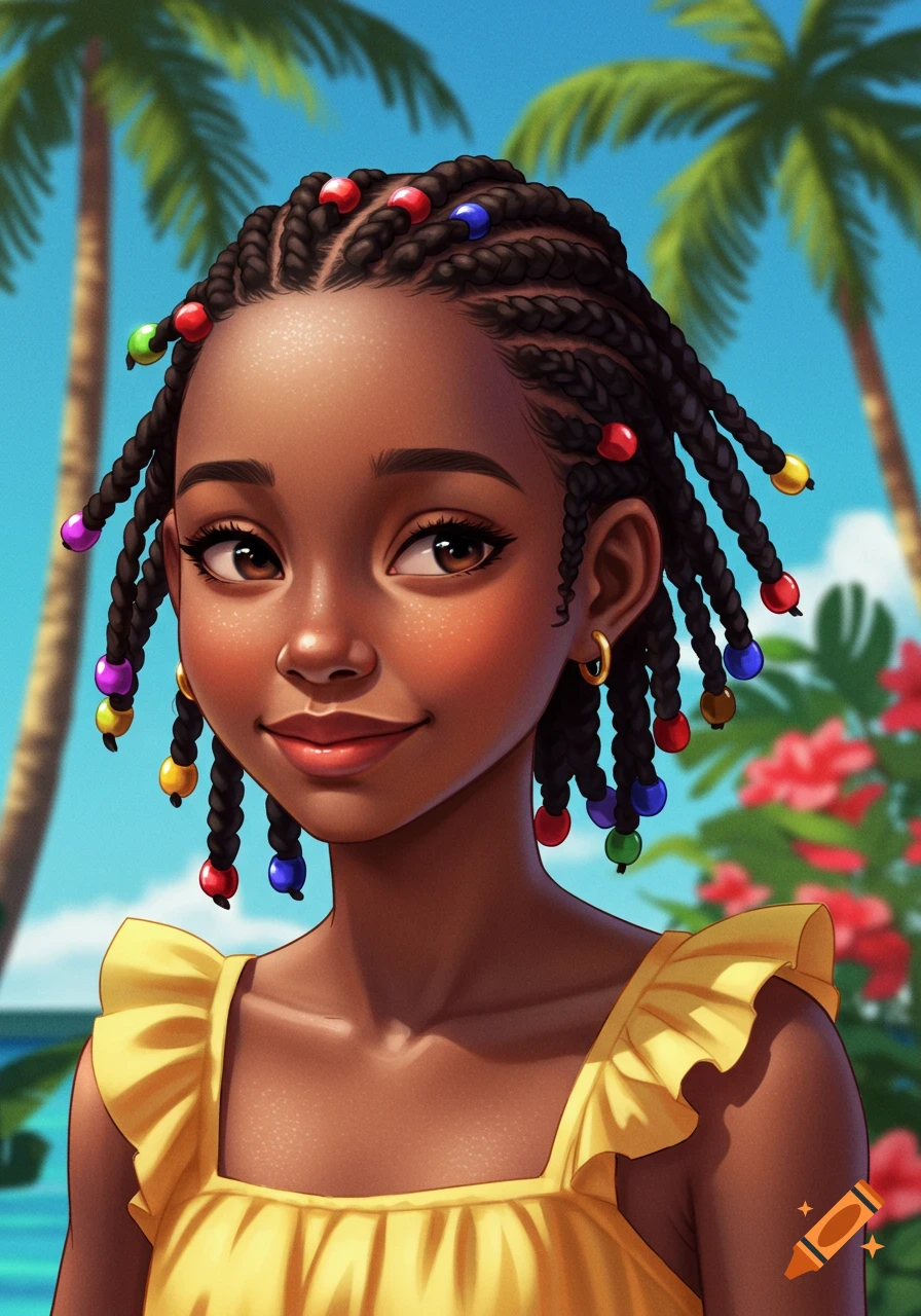 A vibrant cartoon illustration of a young Black girl with braided hair and colorful beads, smiling in a tropical setting with palm trees and red flowers.