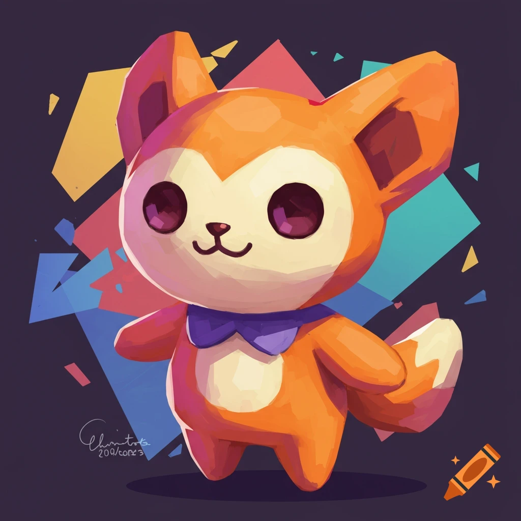 A cute orange fox-like character with large purple eyes and a blue bow tie stands against a dark background with colorful geometric shapes.