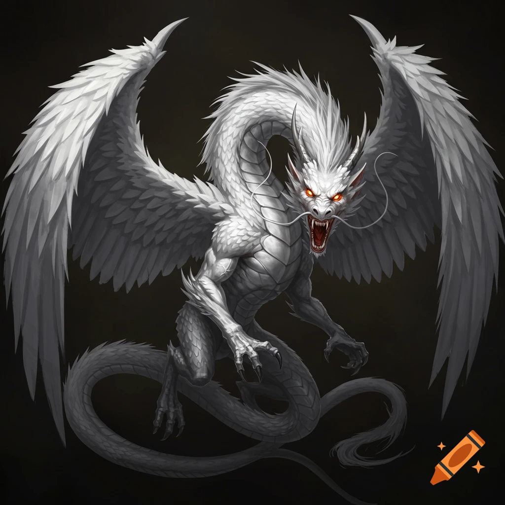 A majestic white winged dragon with glowing red eyes and an open mouth roaring, detailed with scales and feathers on a dark background.