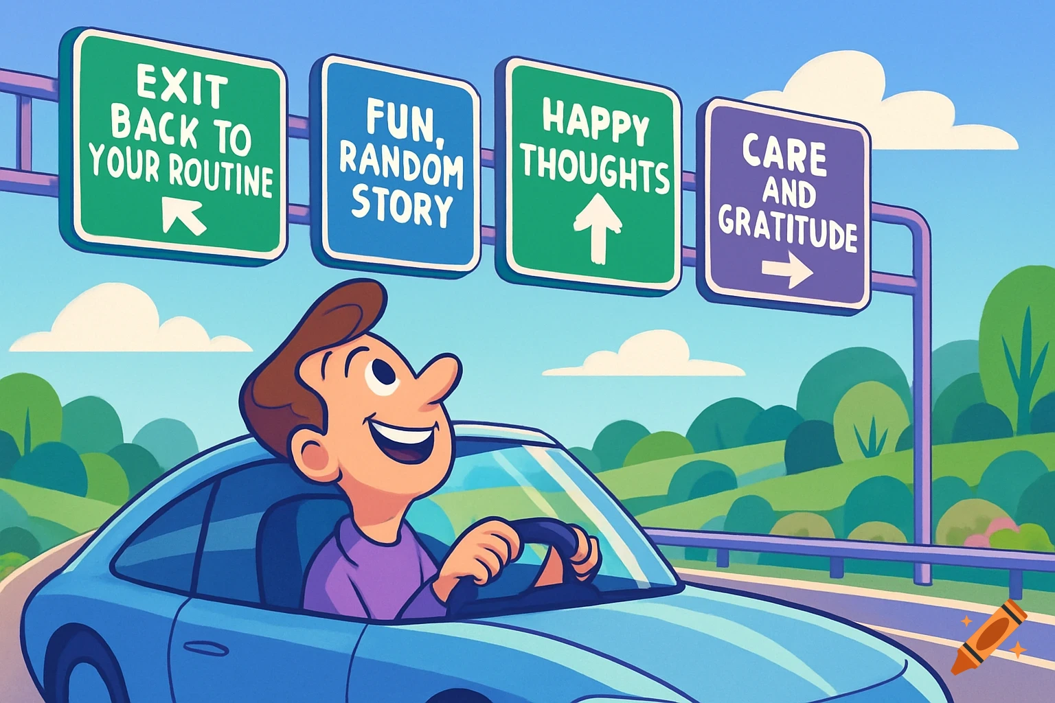 A cheerful cartoon man drives a blue car under colorful road signs pointing to 'Exit Back To Your Routine', 'Fun, Random Story', 'Happy Thoughts', and 'Care and Gratitude' in a whimsical, optimistic style.
