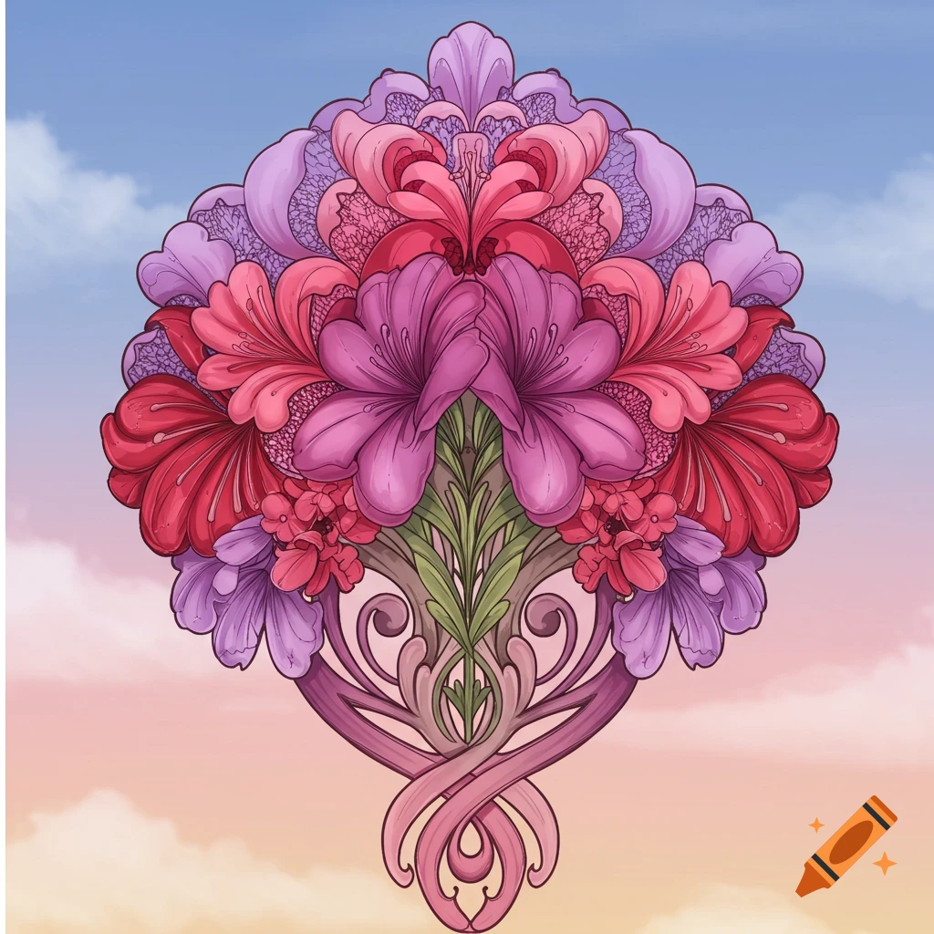 An ornate, symmetrical floral design with pink, purple, and red flowers and swirling green leaves against a blue and pink sky.
