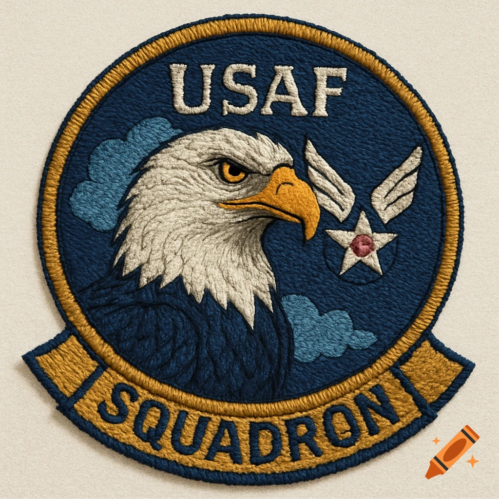 An embroidered patch with a bald eagle, text 'USAF' at the top, and 'SQUADRON' on a banner below.