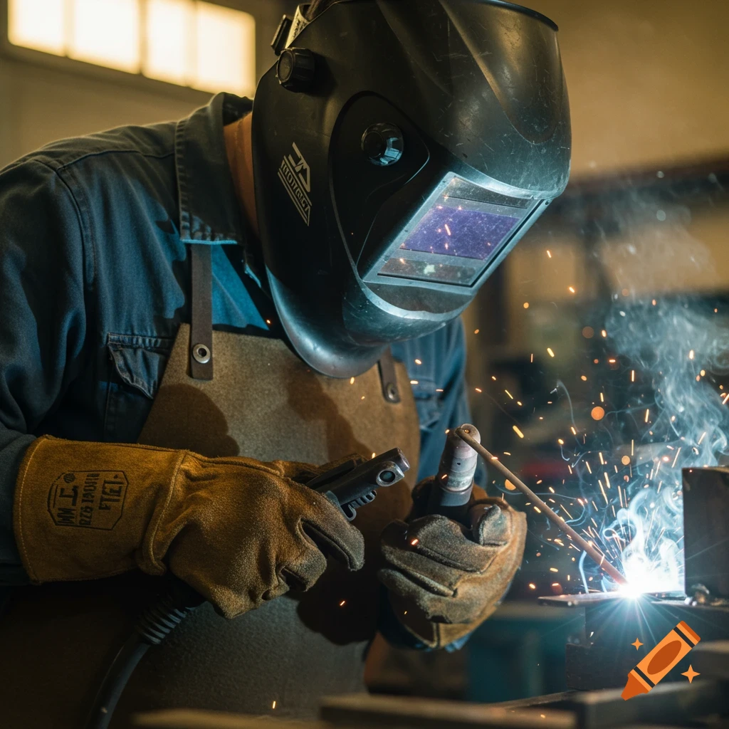 Close-up, photorealistic shot of a person in a welding helmet and gloves, actively welding metal with bright sparks in a workshop.