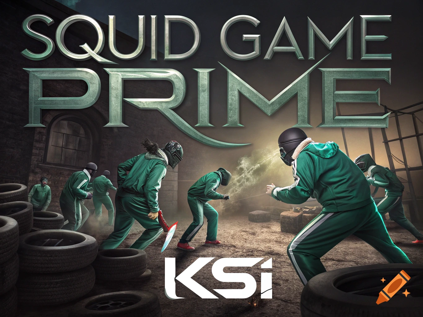 Masked figures in green tracksuits in a desolate setting with tires, one with an axe. Large text 'SQUID GAME PRIME' and 'KSI'.