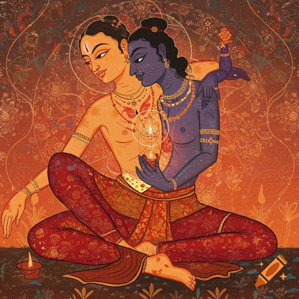 Stylized Indian art painting of two divine figures, one golden and one dark-skinned, embracing against a patterned background.