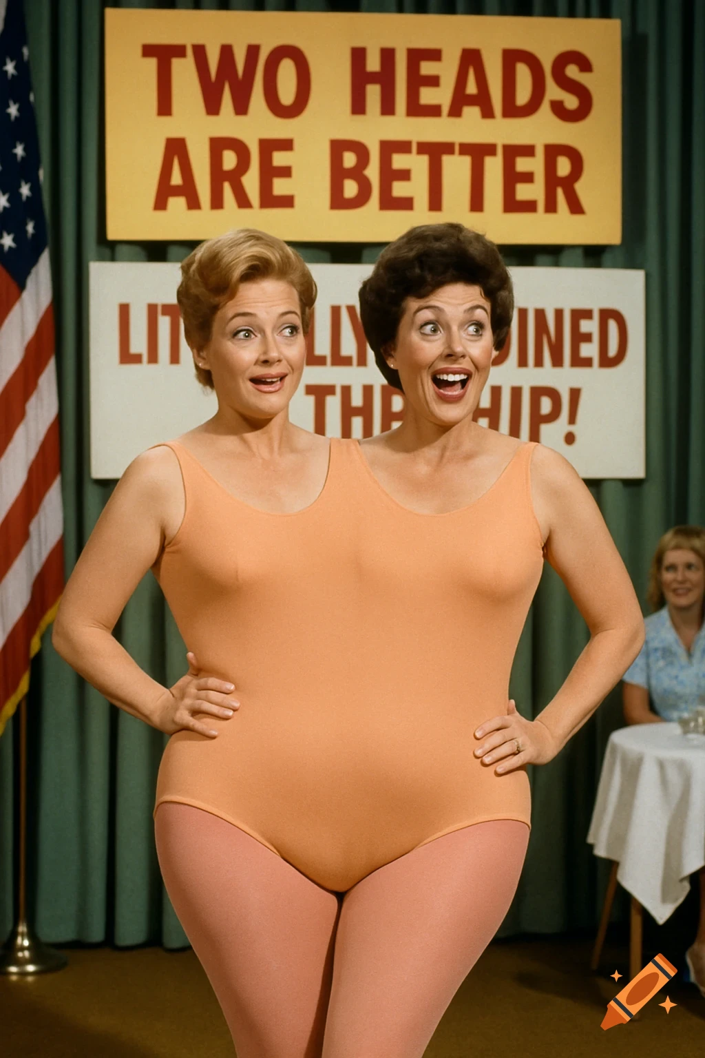 Two women conjoined at the hip in a single peach leotard stand smiling in front of a sign that reads 'TWO HEADS ARE BETTER'.