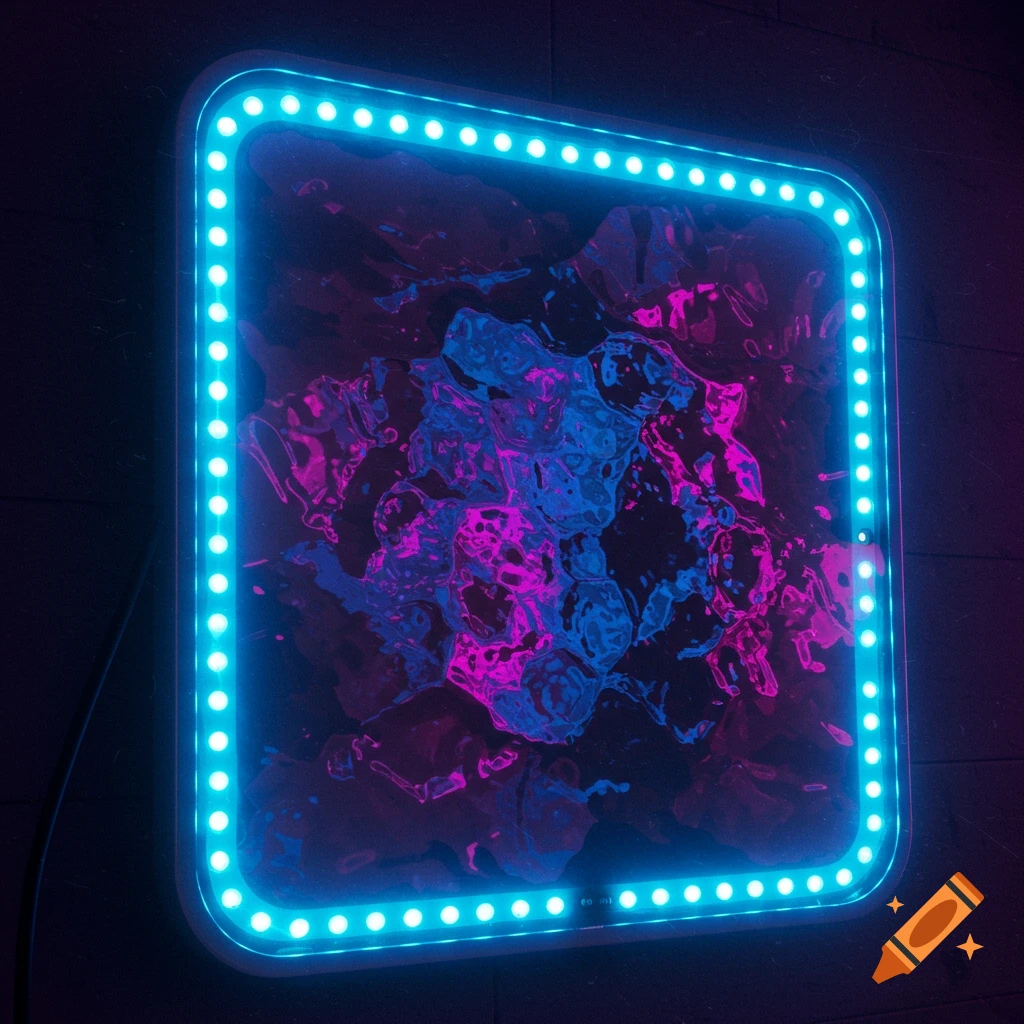 A glowing blue LED-lit rectangular frame surrounds an abstract swirl of iridescent pink and blue liquid against a dark background.