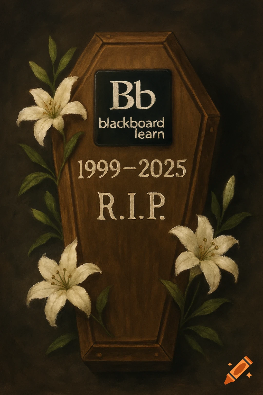 A painted wooden coffin with 'Bb blackboard learn', '1999-2025', and 'R.I.P.' inscribed, surrounded by white lilies.