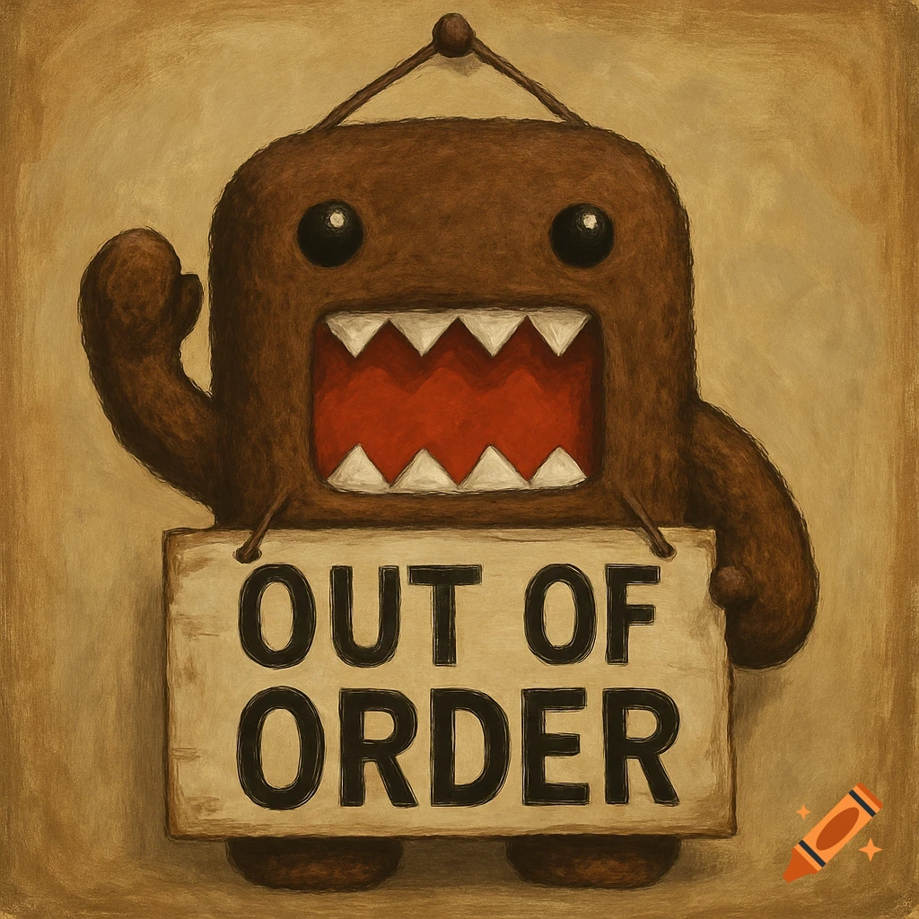 Domo-kun, a brown monster with an open mouth and sharp teeth, holds an 'OUT OF ORDER' sign in a painterly style.