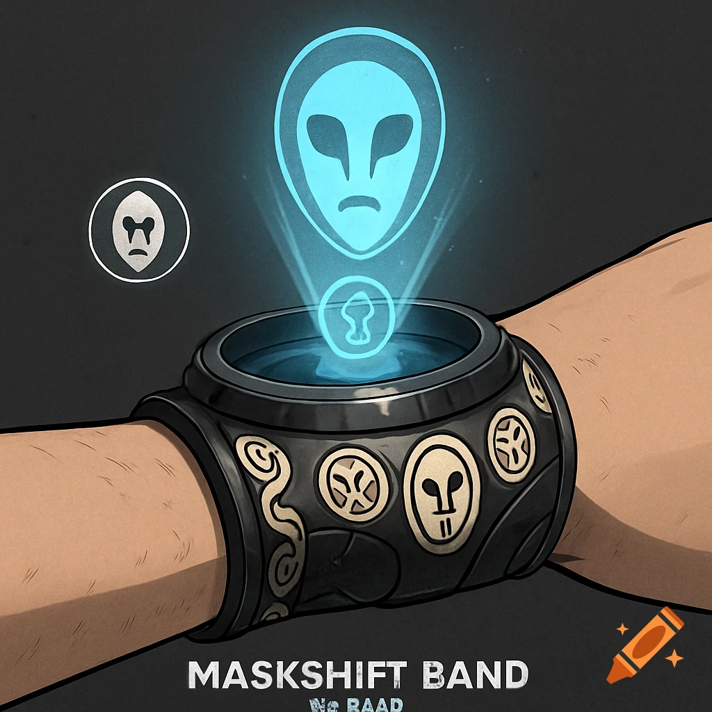 A person's arm wearing a black and gold futuristic wristband with a glowing blue holographic alien face projection.