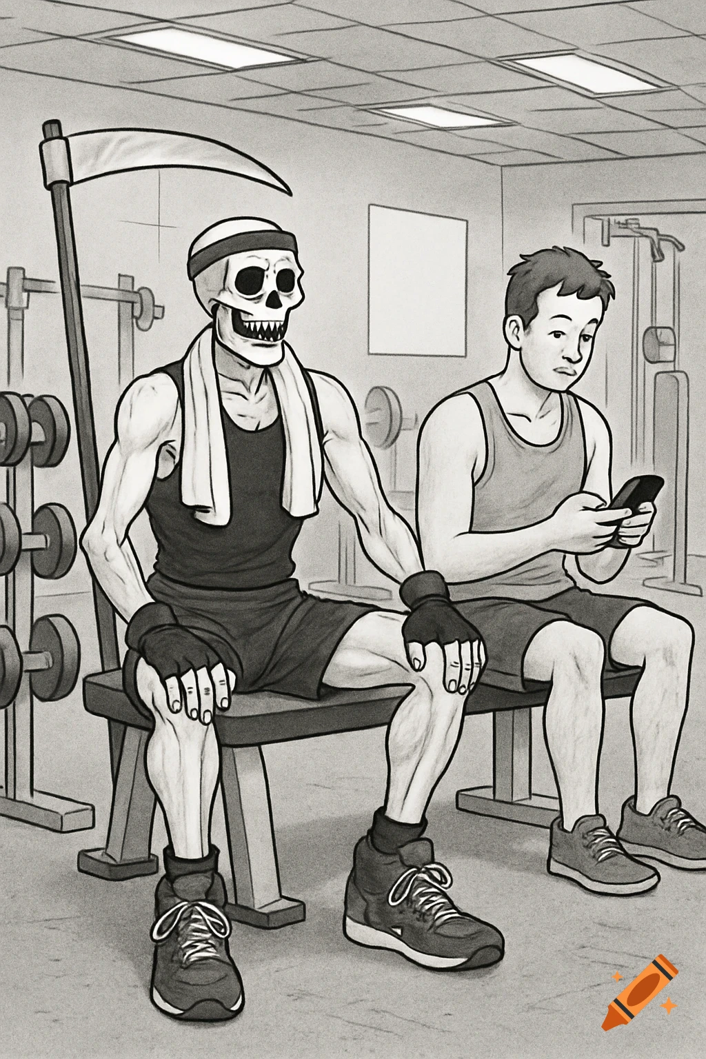 A black and white cartoon depicts the muscular Grim Reaper in gym attire on a bench next to a man scrolling on his phone in a gym.