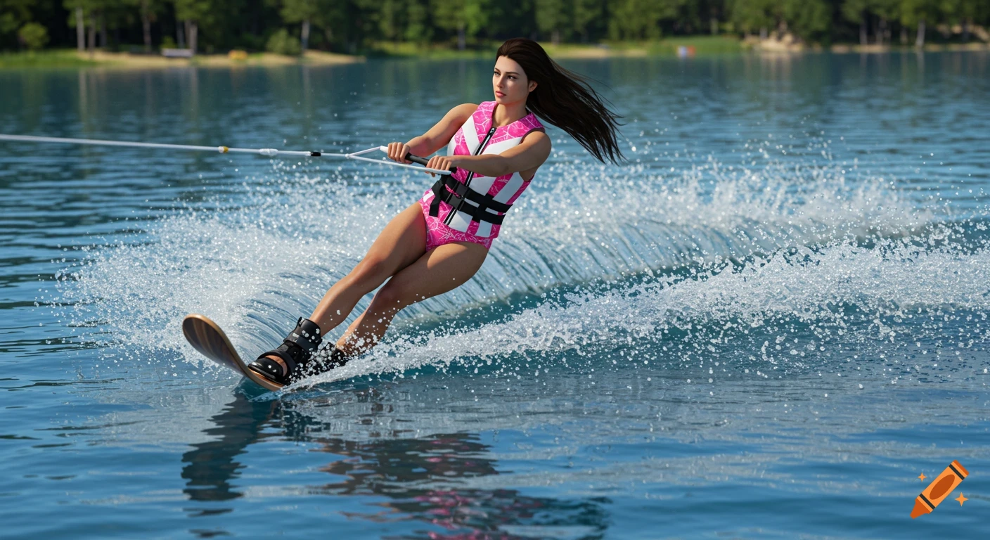 A photorealistic woman waterskiing on a blue lake, creating a large white splash. She wears a pink and white life vest.