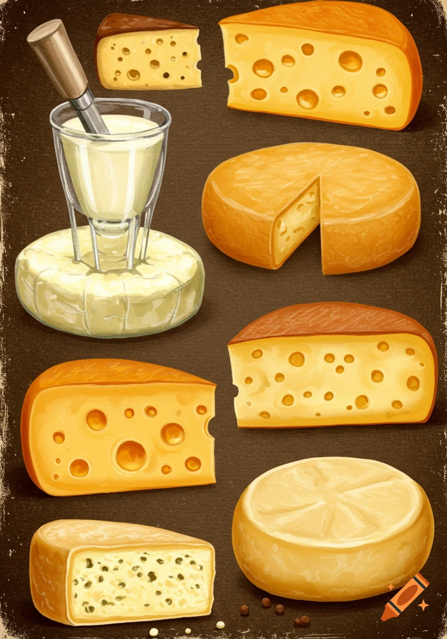 An illustration of various cheeses, including wedges, whole wheels, and a cheese press.