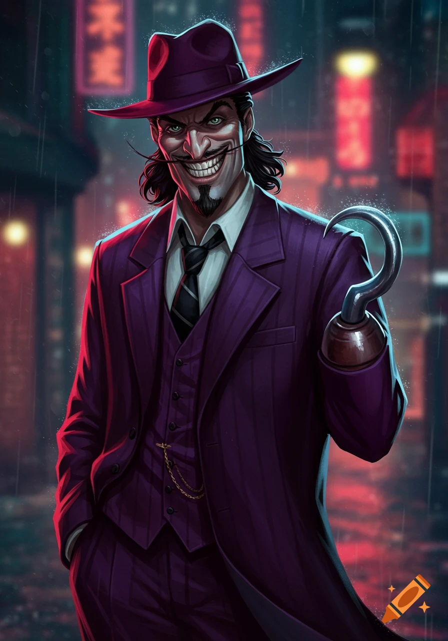 A stylized illustration of a sinister-looking man with a large grin and a hook for a hand, wearing a purple pinstripe suit and a fedora, standing in a rainy city at night.