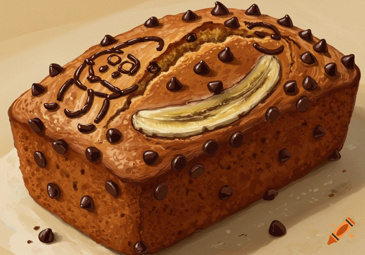A delicious loaf of chocolate chip banana bread with a banana slice and chocolate drizzle artwork on top.