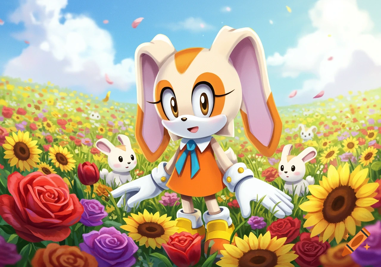 Cream the Rabbit in a vibrant field of colorful flowers with small bunnies under a blue sky.