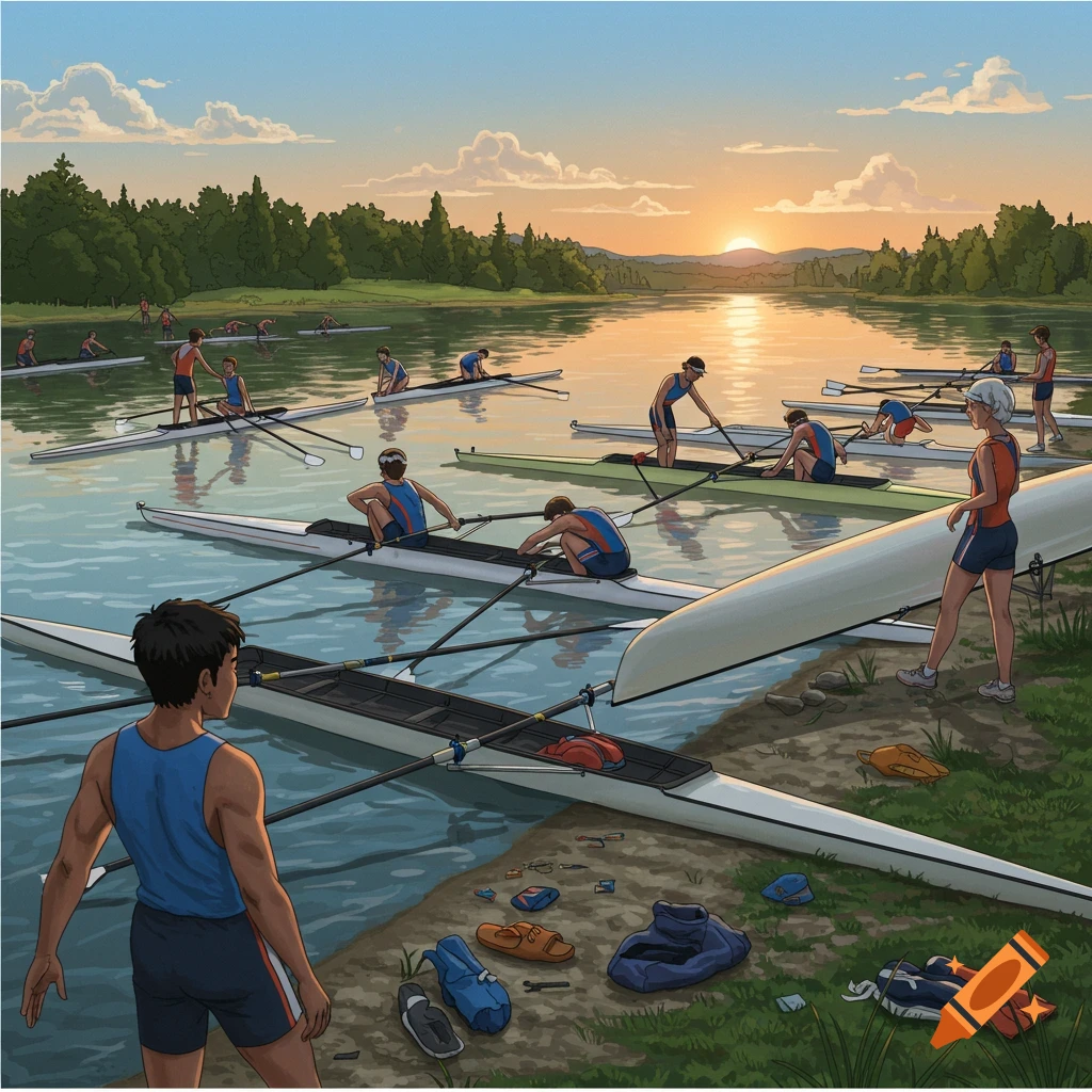 Illustrated scene of people rowing in boats on a lake at sunset, with some standing on the grassy shore.