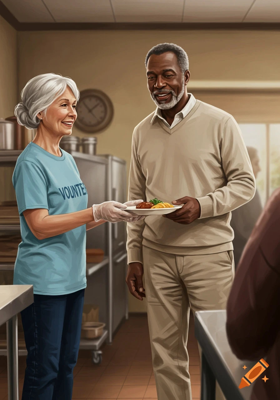 An older woman in a blue shirt hands a plate of food to an older man in a beige sweater, in a kitchen setting.