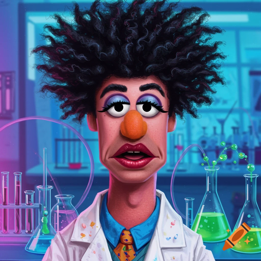 Muppet Beaker with frizzy black hair, blue eyeshadow, and red lipstick in a science lab, cartoon style.