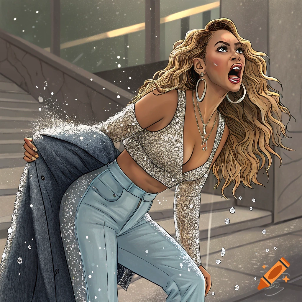 Illustration of Beyoncé looking distressed and screaming, wearing a sparkly top and light blue jeans, with water splashes around her on a city street.