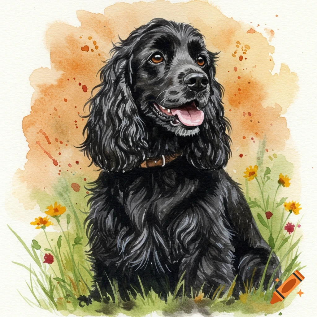 Watercolor painting of a black cocker spaniel sitting in green grass with yellow flowers and an orange background.
