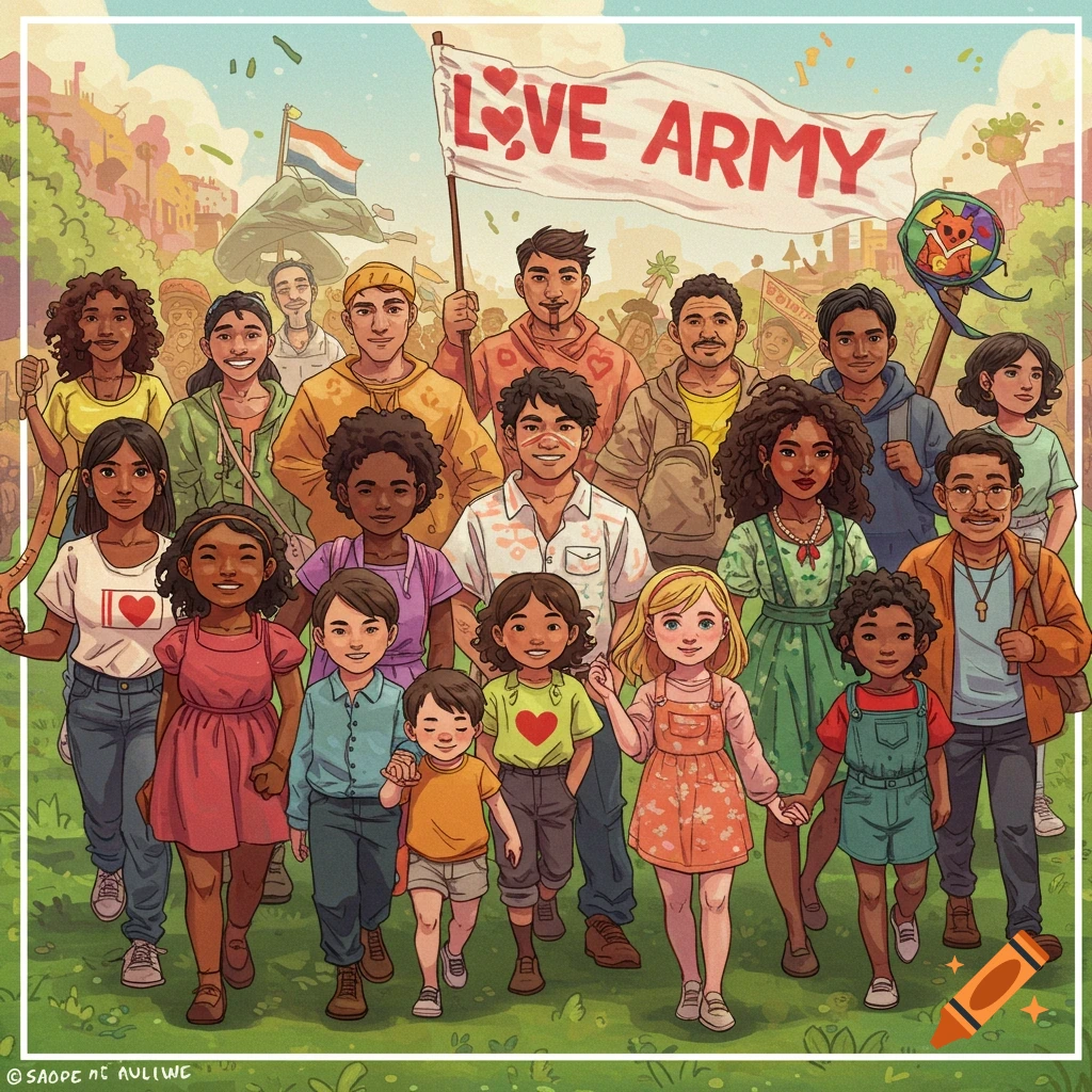 Colorful illustration of a diverse group of smiling adults and children walking, holding a LOVE ARMY banner in a sunny outdoor scene.