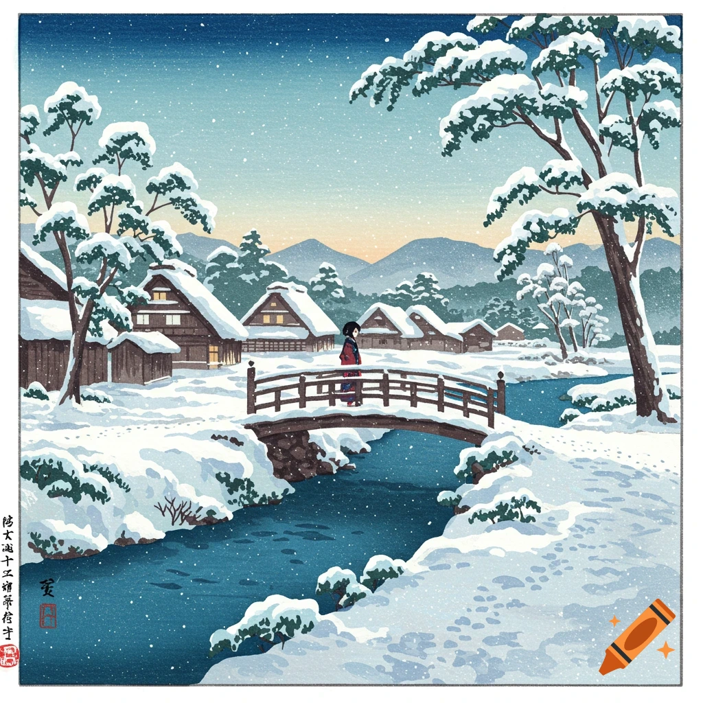 Japanese woodblock painting of a snowy village landscape with a person on a bridge, river, and snow-covered trees.
