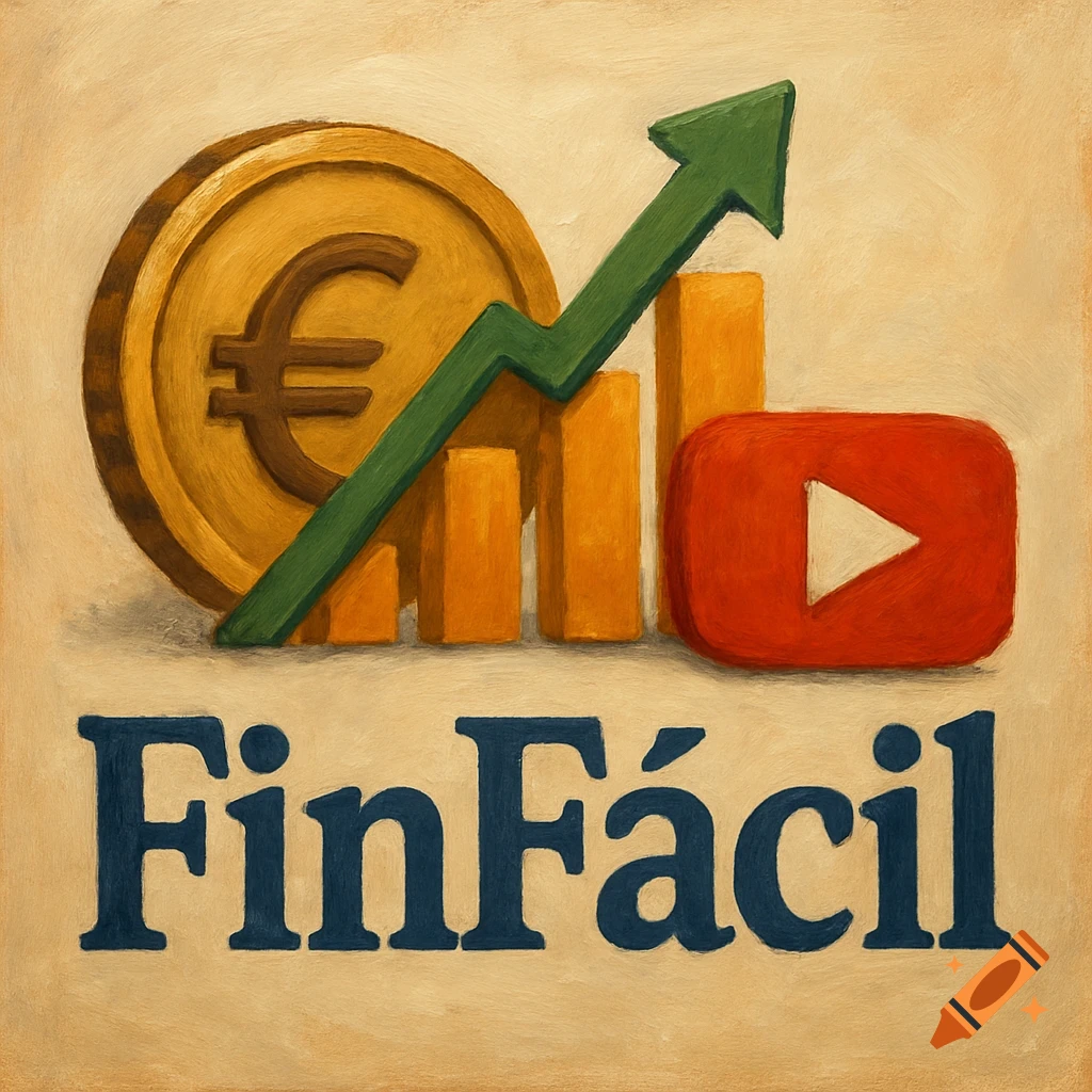 Logo in a painterly style featuring a euro coin, a green upward arrow, and bar charts next to a red YouTube play button, with the text 'FinFácil' below.