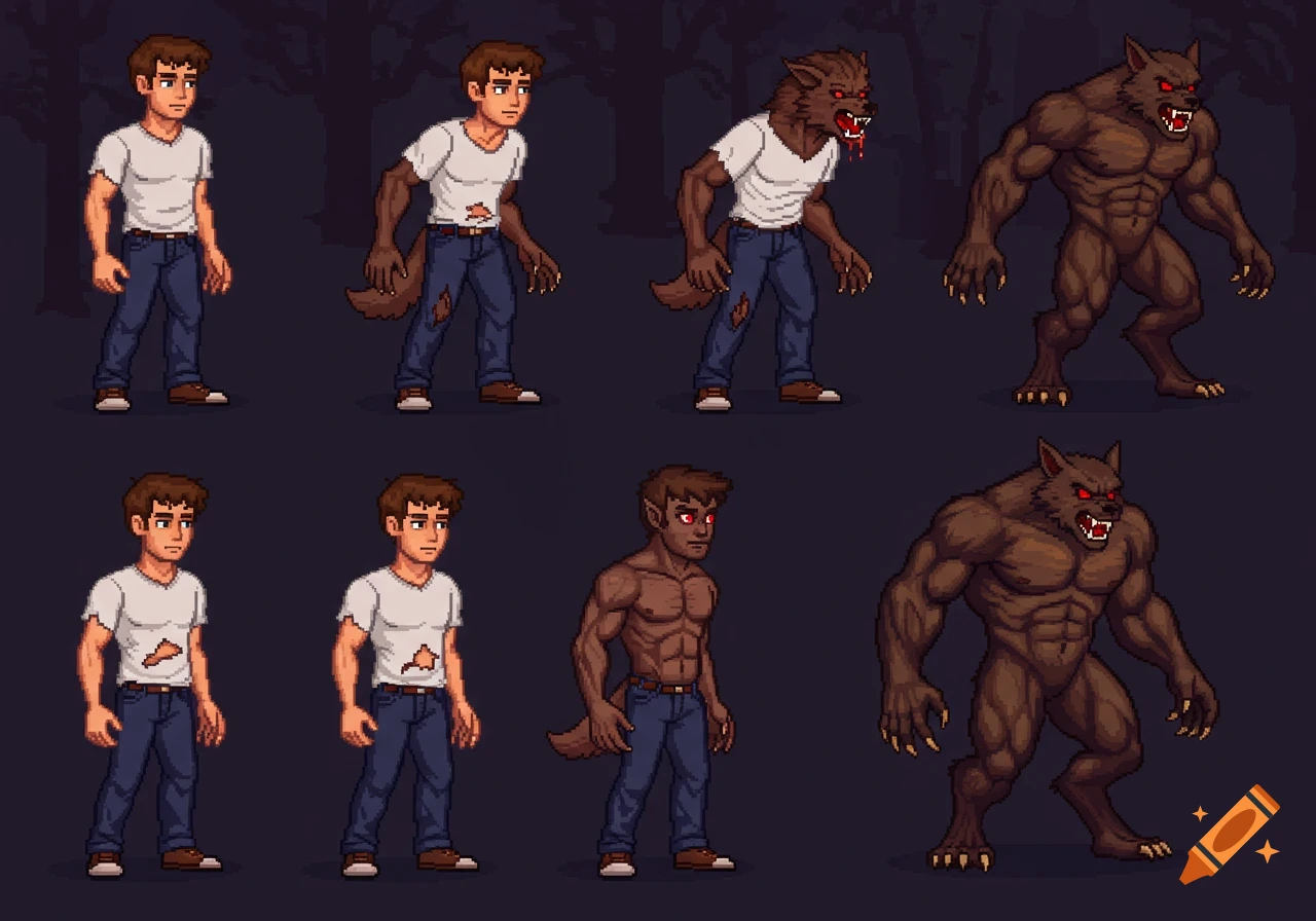 Pixel art illustrations showing a man transforming into a werewolf in various stages.
