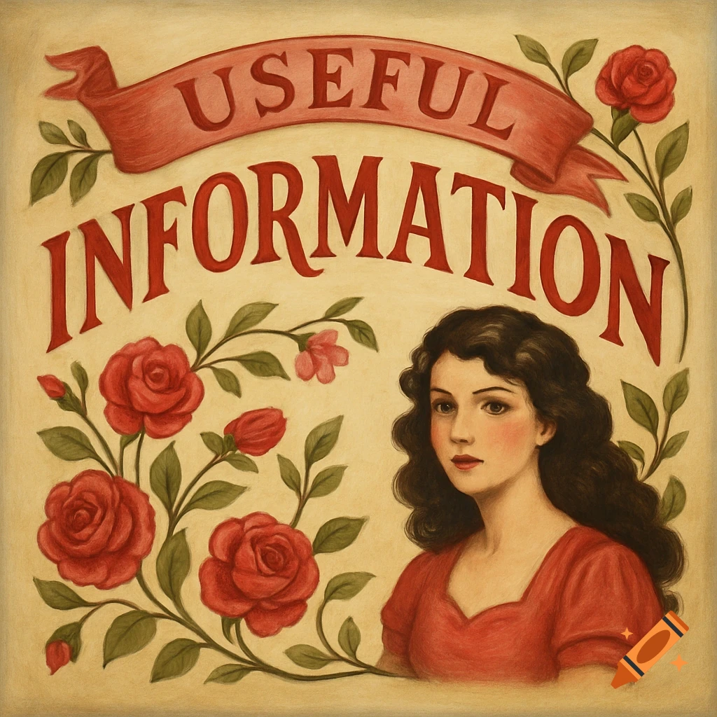 A vintage-style illustration features a woman in a red dress beside red roses, with a banner above reading "Useful Information" on a cream background.