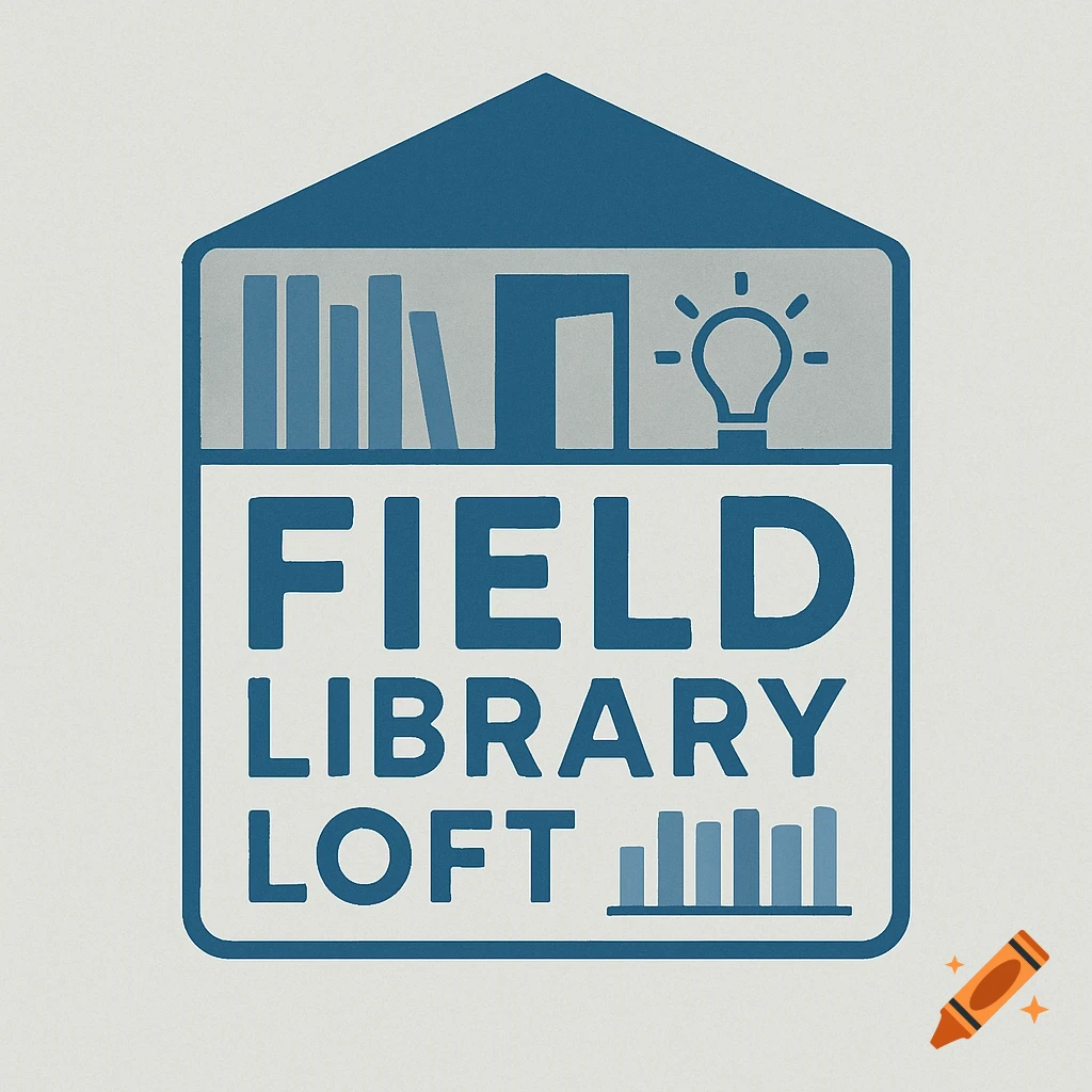 A blue and gray logo for "Field Library Loft" depicting a stylized house containing abstract books, a door, and a lightbulb.