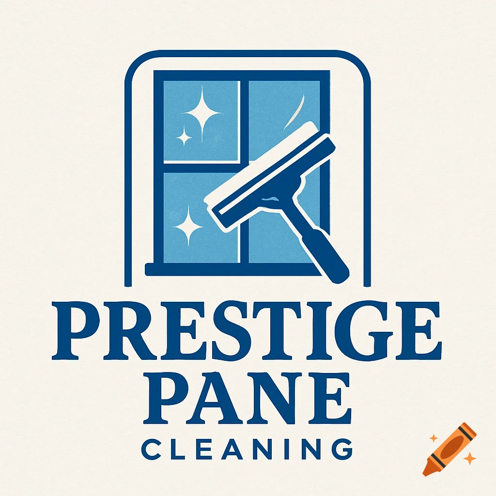 A blue and white logo for Prestige Pane Cleaning, featuring a window and a squeegee.
