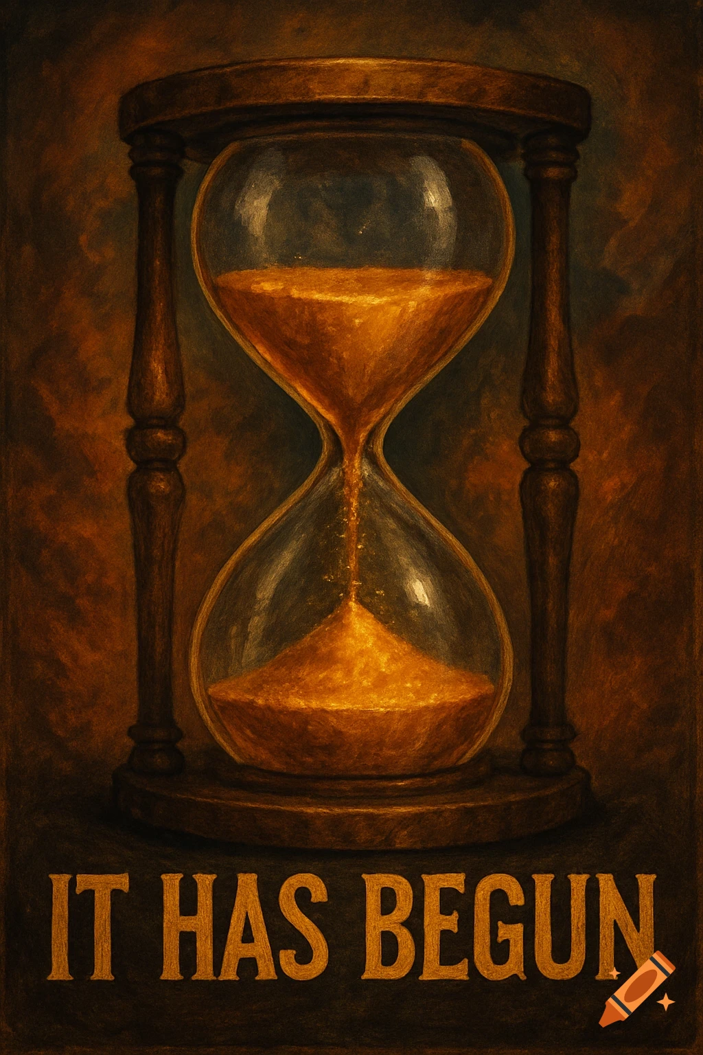 An old, dark, painterly hourglass with sand falling, and the text 'IT HAS BEGUN' below it.