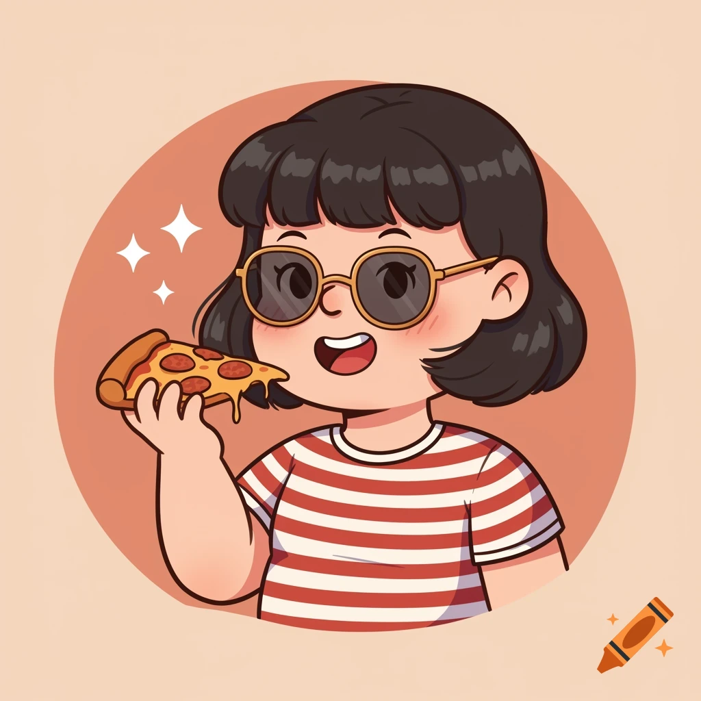 A cute cartoon girl with a dark bob haircut and sunglasses holds a slice of pepperoni pizza, smiling excitedly.