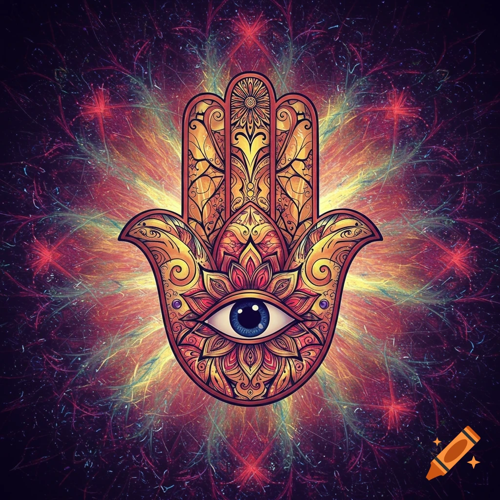 Ornate Hamsa hand symbol with an eye, glowing against a background of colorful psychedelic fractals.