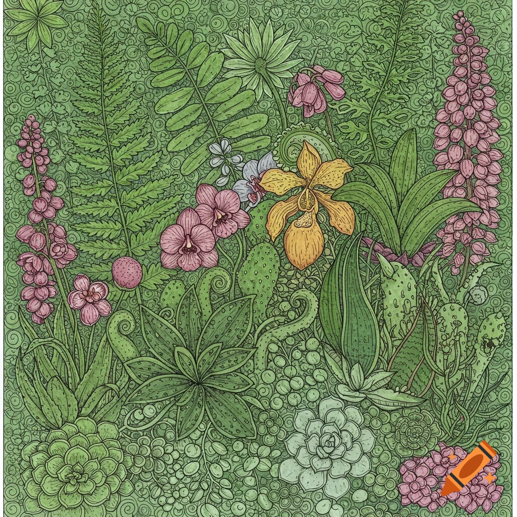 Detailed illustration of various plants and flowers in a dense, intricate botanical style, resembling a coloring page.