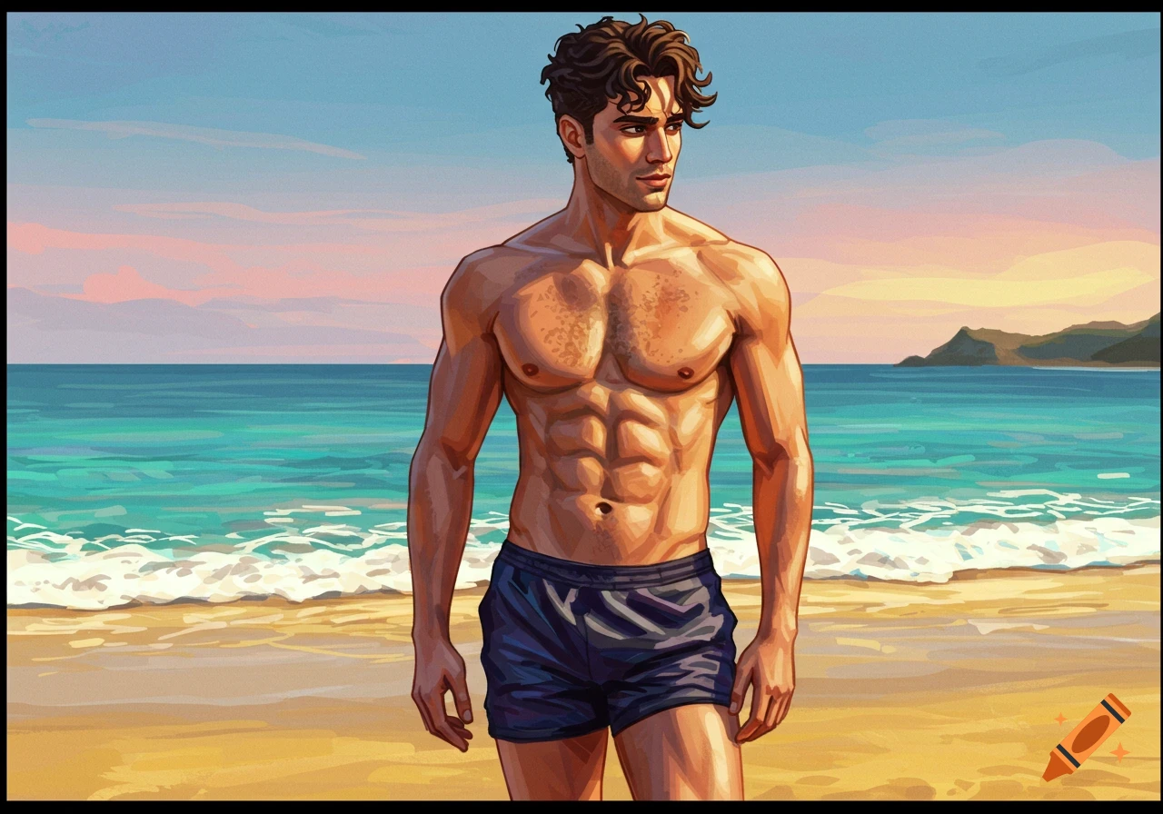 Illustrative image of a muscular man in swim trunks standing on a sandy beach looking towards the right, with turquoise ocean and a sunset sky in the background.