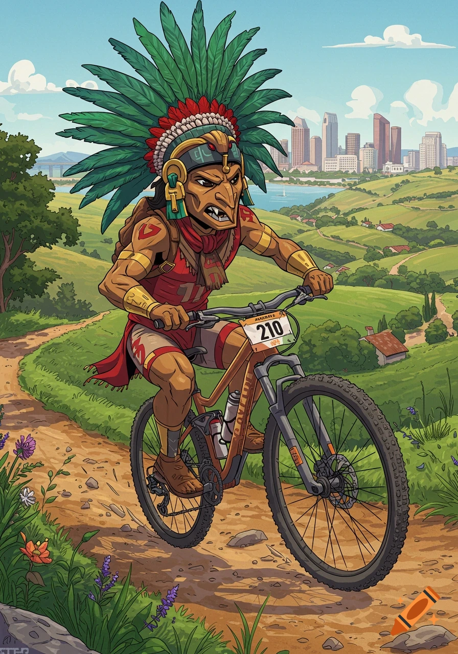 A cartoon-style Aztec warrior in a feathered headdress rides a mountain bike on a dirt path with a city skyline in the background.